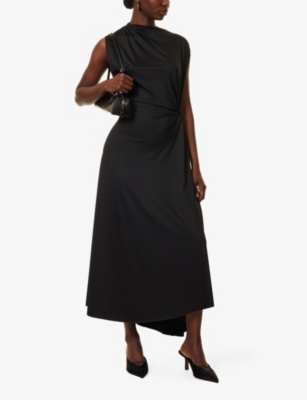 VICTORIA BECKHAM WOMENS BLACK DRAPED ASYMMETRIC STRETCH-SATIN MIDI DRESS 
