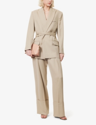 VICTORIA BECKHAM WOMENS ALMOND FOLD-HEM WIDE-LEG WOOL TROUSERS