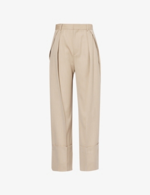 VICTORIA BECKHAM WOMENS ALMOND FOLD-HEM WIDE-LEG WOOL TROUSERS