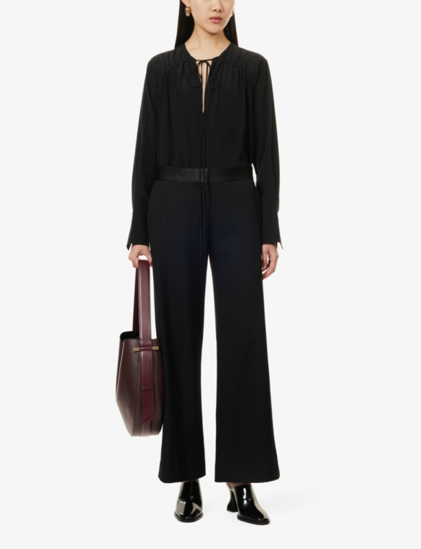 Gather long-sleeve silk blouse