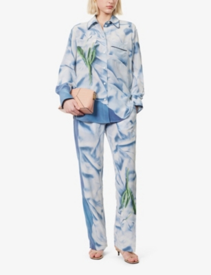 VICTORIA BECKHAM WOMENS SATIN FLOWERS ICE BLUE FLORAL-PRINT PIPING SILK PYJAMA SHIRT