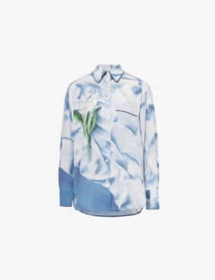 VICTORIA BECKHAM WOMENS SATIN FLOWERS ICE BLUE FLORAL-PRINT PIPING SILK PYJAMA SHIRT