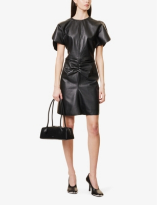 VICTORIA BECKHAM WOMENS BLACK RUCHED-FRONT SLEEVELESS LEATHER MINI DRESS