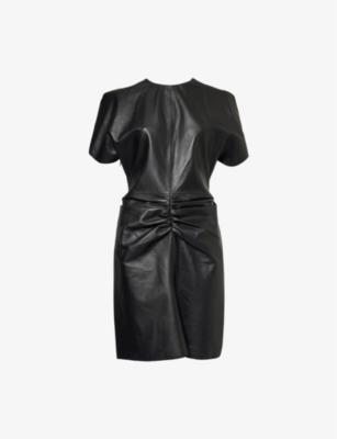 VICTORIA BECKHAM WOMENS BLACK RUCHED-FRONT SLEEVELESS LEATHER MINI DRESS