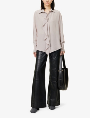 VICTORIA BECKHAM WOMENS HEATHER ASYMMETRIC RUFFLE LONG-SLEEVE SILK-CREPE BLOUSE 
