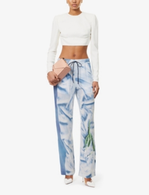 VICTORIA BECKHAM: Abstract-print two-slip-pockets straight-leg mid-rise silk trousers