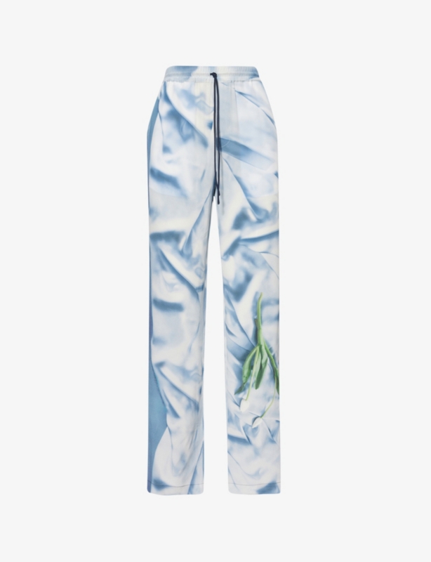 Abstract-print two-slip-pockets straight-leg mid-rise silk trousers
