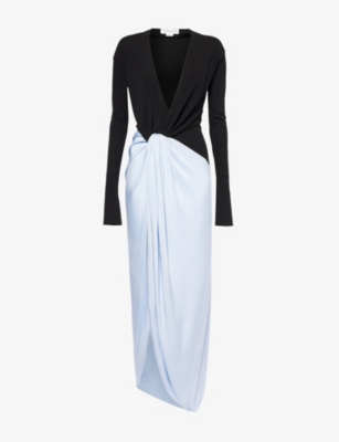 VICTORIA BECKHAM: V-neck contrast-panel stretch-jersey gown