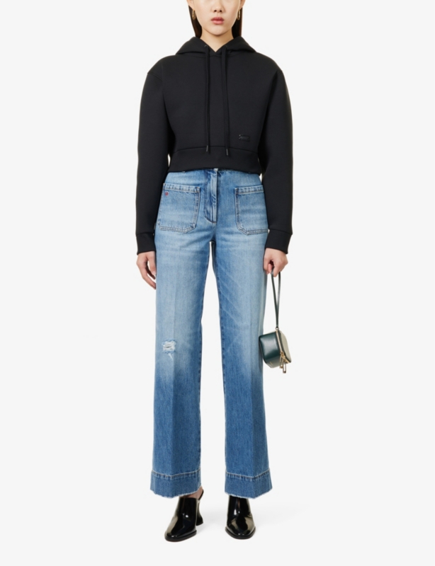 Cropped embossed-branding cotton-blend hoody