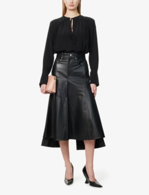 VICTORIA BECKHAM WOMENS BLACK PANELLED FLARED LEATHER MIDI SKIRT