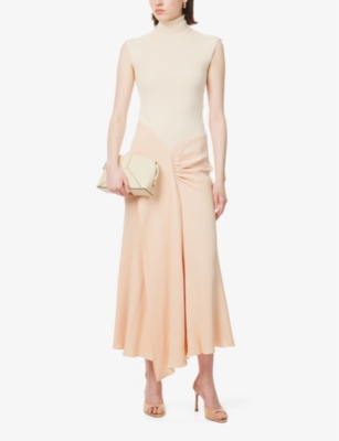 VICTORIA BECKHAM: Roll-Neck Contrast-Panel Cotton-Blend Midi Dress