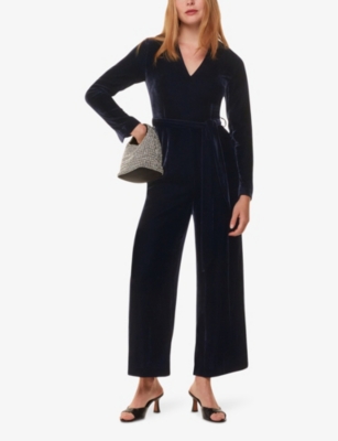 WHISTLES WOMENS NAVY ELORA WIDE-LEG VELVET JUMPSUIT 
