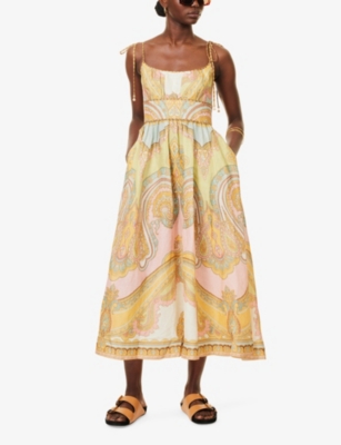 Shop Zimmermann Womens Gold Paisley Maxine Picnic Shoulder-straps Linen Midi Dress