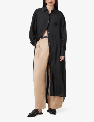 Shop Allsaints Womens Black Ezra Long-sleeved Lyocell And Linen Maxi Dress Xs
