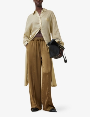 Shop Allsaints Womens Olive Yellow Ezra Long-sleeved Lyocell And Linen Maxi Dress
