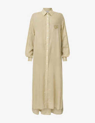 Allsaints Womens Olive Yellow Ezra Long-sleeved Lyocell And Linen Maxi Dress
