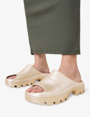 Shop Allsaints Womens Gold Eclipse Embossed-branding Chunky Sliders Eur 41 / 8 Uk