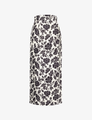 Posse Womens Bone Black Romeo Column Flower-print Linen Midi Skirt In Bone Black