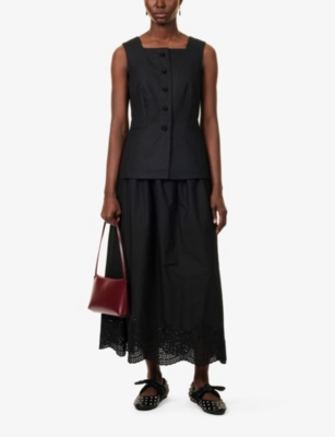 POSSE WOMENS BLACK BERYL EMBROIDERED COTTON MIDI SKIRT 