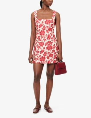 Shop Posse Womens Alice Floral-print Linen Mini Dress Deep Red Oat