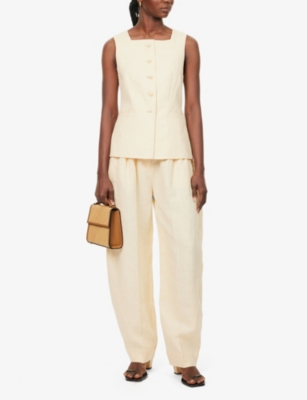 POSSE WOMENS DUSTY CITRON RIO BARREL-LEG HIGH-RISE LINEN TROUSERS XS 