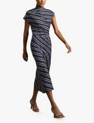 Reiss Blue Petite Stripe-print Draped Midi Dress In Blue