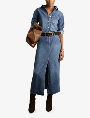 Reiss Womens Terra Front-slit Denim Midi Dress Indigo In Indigo