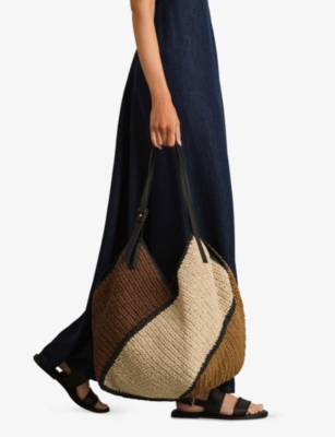 Reiss Farrah Color Block Raffia Shoulder Bag In Tan