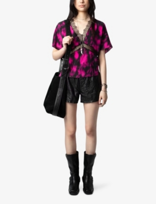 Shop Zadig & Voltaire Womens Zadig&voltaire Tzar Blur-print Lace-trim Silk Top In Noir