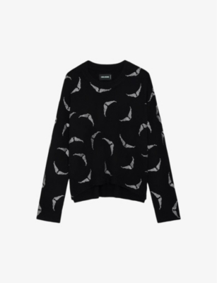 Shop Zadig & Voltaire Womens Markus Diamanté-wings Cashmere Jumper Noir