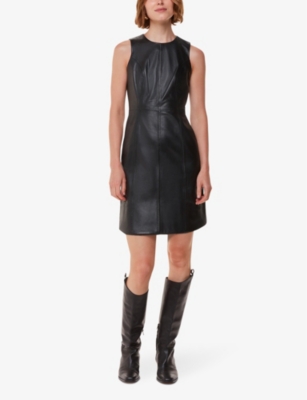 Shop Whistles Omens  Sleeveless Regular-fit Leather Mini Shift Dress In Black