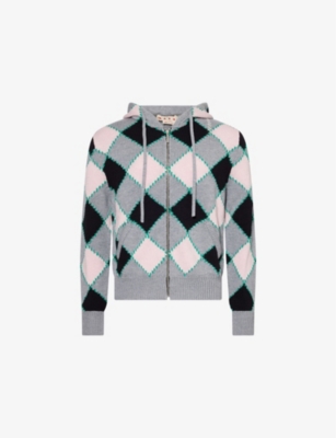 MARNI: Hooded Diamond-Pattern Knitted Wool Cardigan