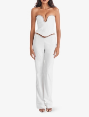 MISTRESS ROCKS WOMENS IVORY CRYSTAL-TRIM SLIM-FIT HIGH-RISE CREPE TROUSERS 