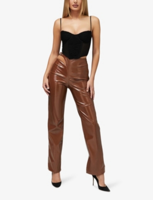 Mistress Rocks Womens  Hasten Cut-out Wide-leg Mid-rise Faux-leather Trousers In Toffee