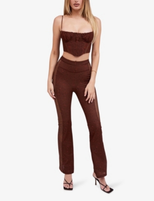 Mistress Rocks Womens  Dreaming Ruched-bust Stretch-woven Corset Top In Brown Print