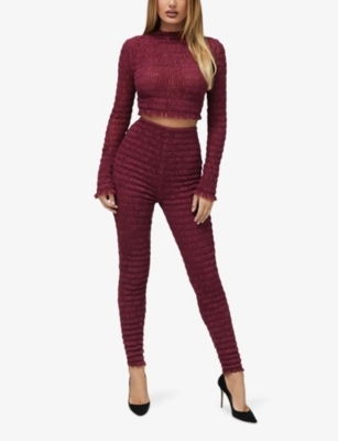 Mistress Rocks Womens  Delight Slim-fit Long-sleeve Shirred Stretch-woven Cropped Top In Aubergine