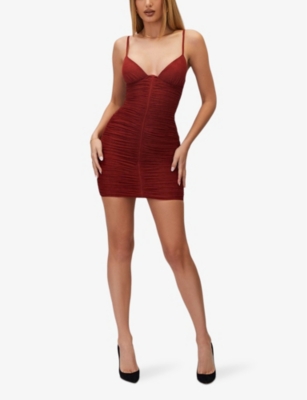 Shop Mistress Rocks Womens Spotlight Plunge-neck Ruched Stretch-mesh Mini Dress Wine