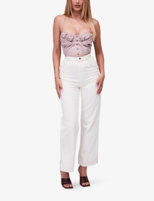 Shop Mistress Rocks Womens Cream Twist Straight-cut High-rise Denim Jeans