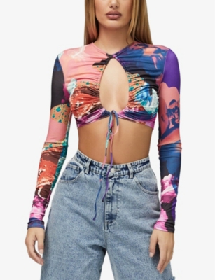 Shop Mistress Rocks Womens  Siren Cut-out Graphic-print Cropped Stretch-jersey Top In Collage Print