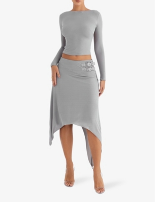 Mistress Rocks Womens Steel Belt-embellished High-rise Stretch-jersey Midi Skirt In Steel