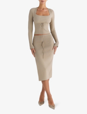 Mistress Rocks Womens  Square-neck Long-sleeve Stretch-knit Top In Gravel