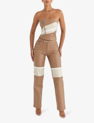 Mistress Rocks Womens  Contrast-stripe Slim-fit Strapless Vegan-leather Top In Nutmeg
