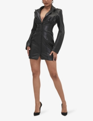 Mistress Rocks Womens  Bold Moves Lapel-collar Long-sleeve Vegan-leather Mini Dre In Black