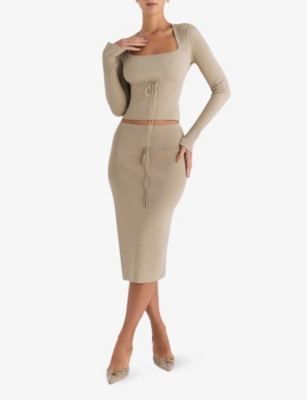 Shop Mistress Rocks Womens  Tie-waist Slim-fit Pointelle Stretch-knit Midi Skirt In Gravel