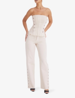 MISTRESS ROCKS WOMENS OAT FRAYED-HEM BUTTON-DOWN STRAPLESS DENIM TOP 