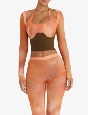 MISTRESS ROCKS WOMENS ORANGE GRAPHIC-PRINT HALTER-NECK CORSETED STRETCH-MESH TOP XS 