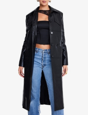 Mistress Rocks Womens  Oversized-collar Long-line Tailored Vegan-leather Coat In Black