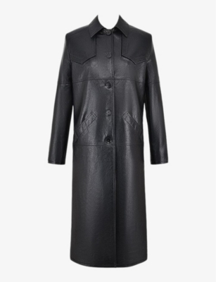 Mistress Rocks Womens  Oversized-collar Long-line Tailored Vegan-leather Coat In Black