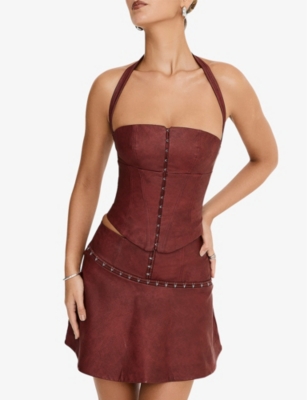 Shop Mistress Rocks Womens Dark Cherry Zip-embellished High-rise Vegan-leather Mini Skirt