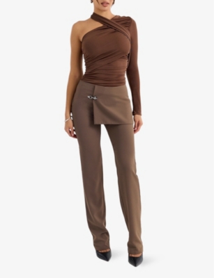Shop Mistress Rocks Womens Skirt-panel Slim-fit High-rise Stretch-crepe Trousers Earth